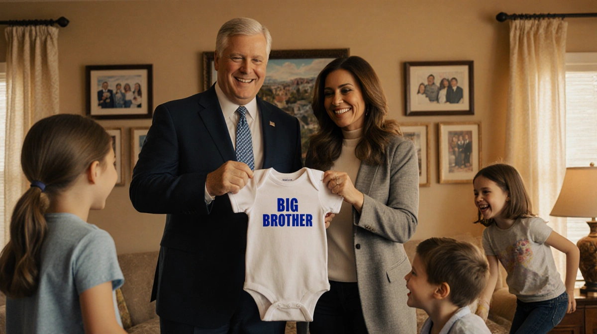 Usha Vance stands with her husband JD Vance and their three children playing in a warm family living room with golden light