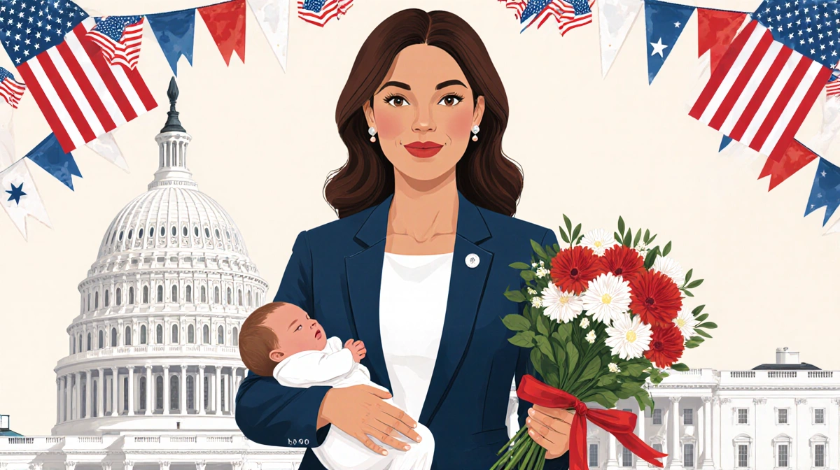 Usha Vance holding baby boy with bouquet of flowers with Second Lady and patriotic flags near Capitol background