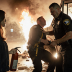 Deputy Smith heroically lifting injured mailman with seat‑belt cutter and fire extinguisher beside burning USPS truck.