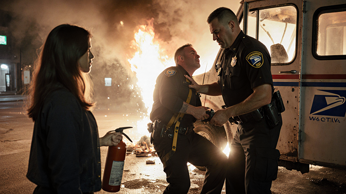 Deputy Smith heroically lifting injured mailman with seat‑belt cutter and fire extinguisher beside burning USPS truck.
