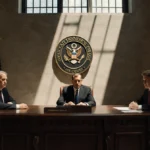 Suspect sits at courthouse table with prosecutors and Utah County Attorney logo on wall