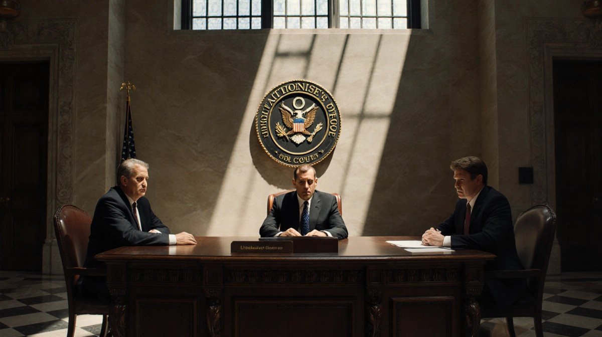Suspect sits at courthouse table with prosecutors and Utah County Attorney logo on wall