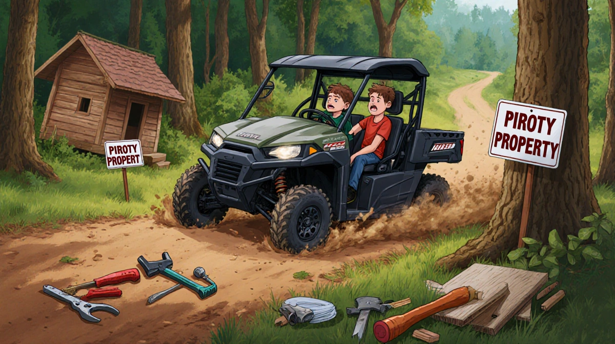 UTV spinning off dirt road with wheels slipping near trees while two boys look distressed and tools scatter in foreground