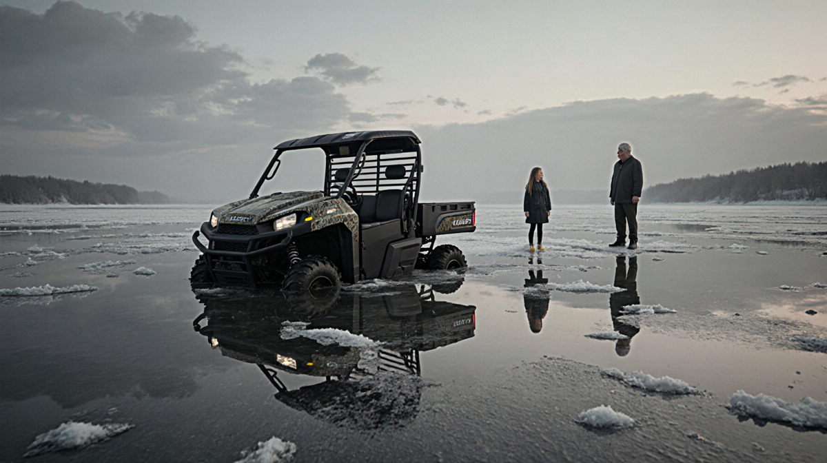 Utility Task Vehicle tilting into icy pond with young girl and grandfather standing on surface