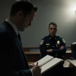 Jury foreman stands with notebook while uniformed officer faces forward with courtroom bench behind