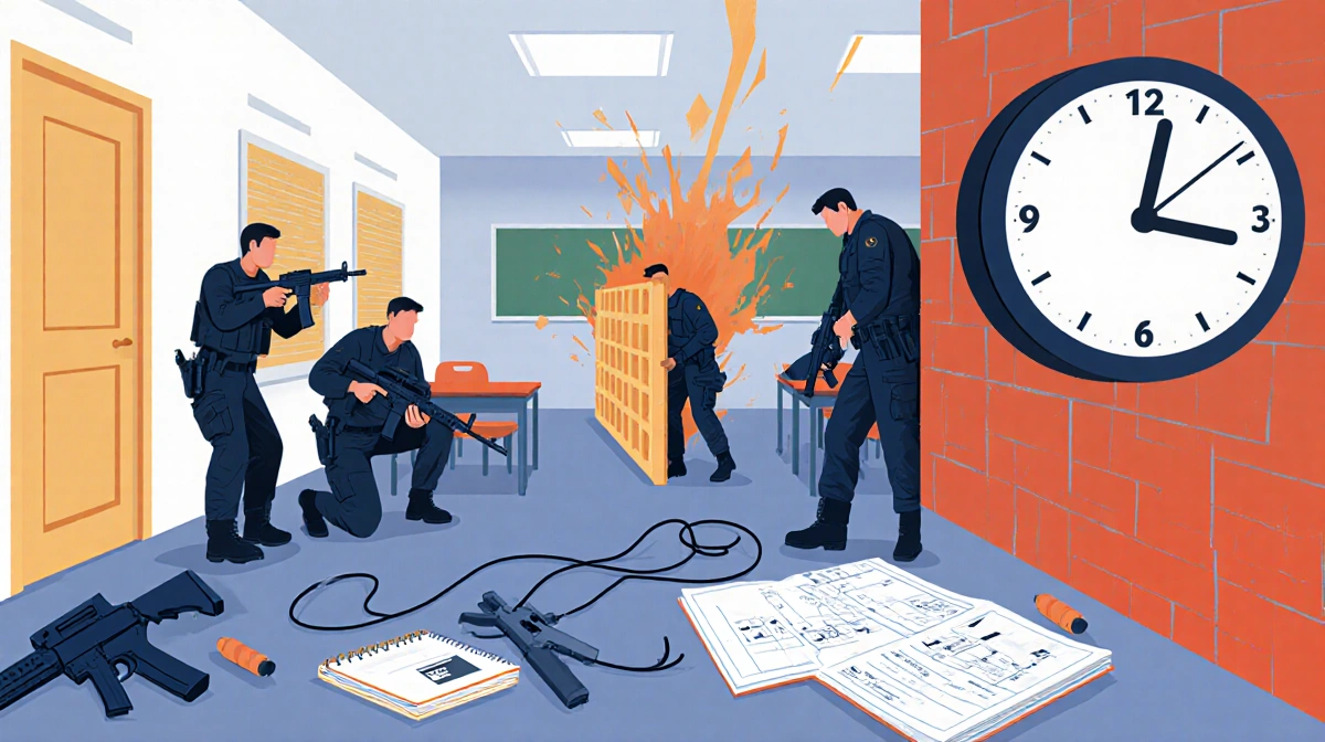 Team breaching classroom with 77-minute clock and broken equipment showing failed training.