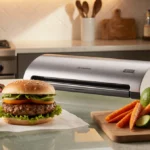 Modern vacuum sealer sealing fresh burgers with colorful vegetables and fruits on kitchen counter