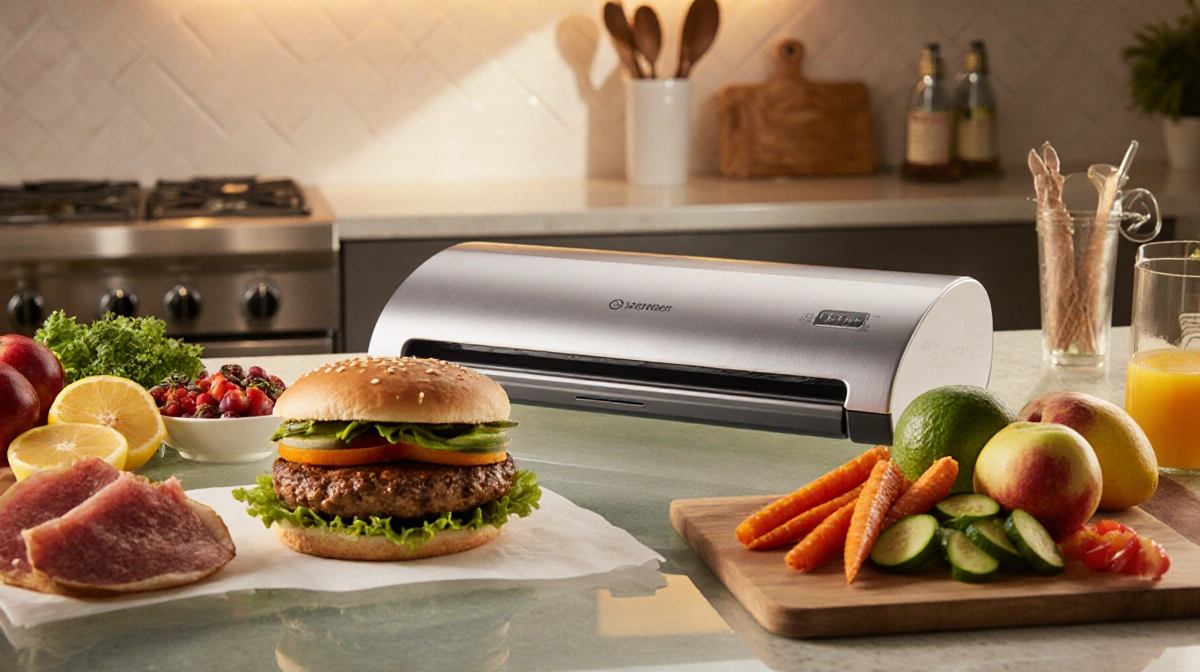 Modern vacuum sealer sealing fresh burgers with colorful vegetables and fruits on kitchen counter