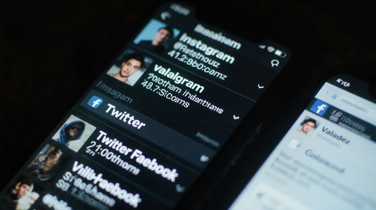 Smartphone screen shows Valadez social media profiles with Instagram Twitter Facebook tabs open and update timestamps visible