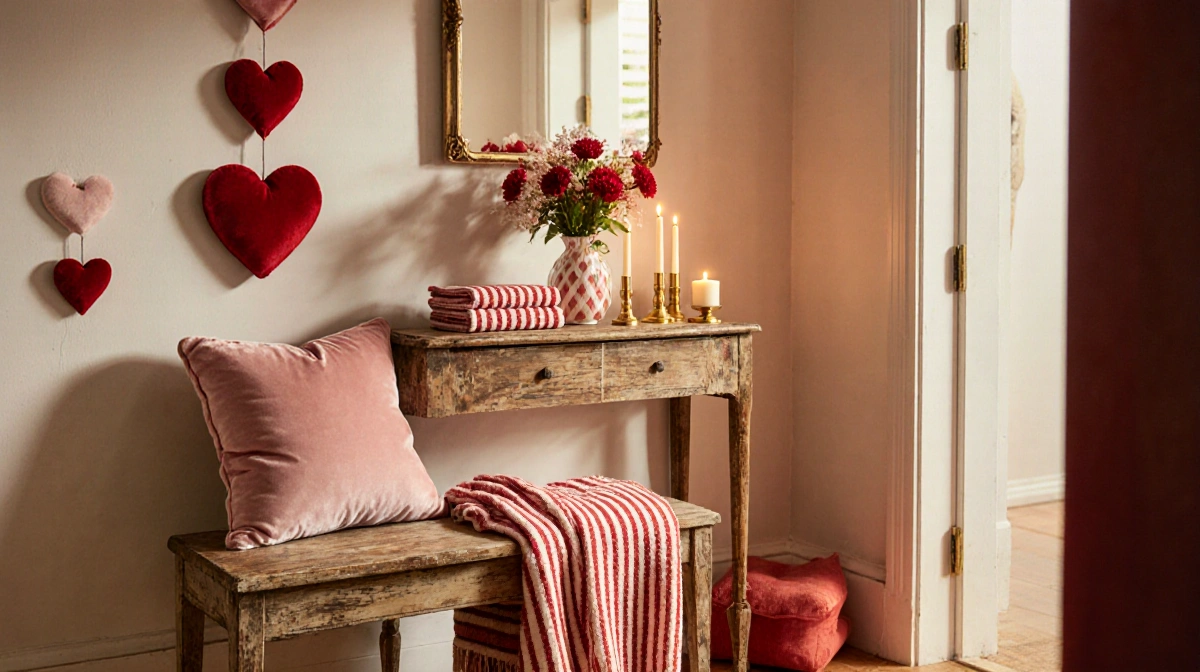 Cozy living room entrance shows pink velvet pillow on distressed bench with Valentine