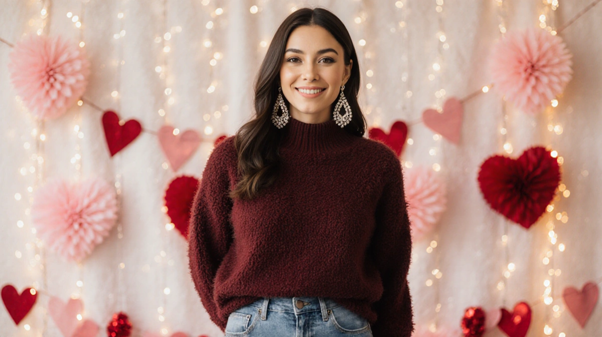 Woman poses in cozy burgundy sweater with jeans and Amazon accessories under soft Valentine