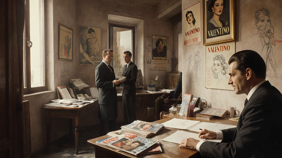 Valentino charming clients in his 1950s Rome boutique with Giancarlo Giammetti handling finances and vintage fashion sketches