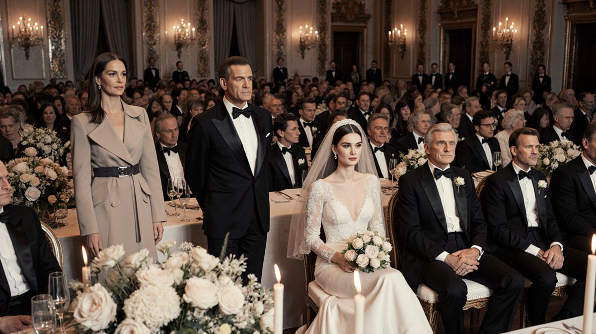 Tom Ford standing near Donatella Versace with Anne Hathaway in a Valentino gown surrounded by candles in a fashion hall.
