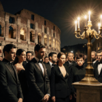 Mourners gather around a candelabra with light at a Valentino funeral attire hinting at the brand and Colosseum arches loom.