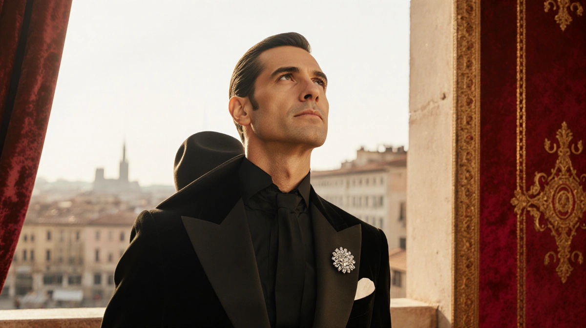 Valentino Garavani poses elegantly with silver brooch and fedora against red velvet backdrop