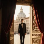 Valentino Garavani stands before ornate Italian door with red velvet curtain and golden light streaming through