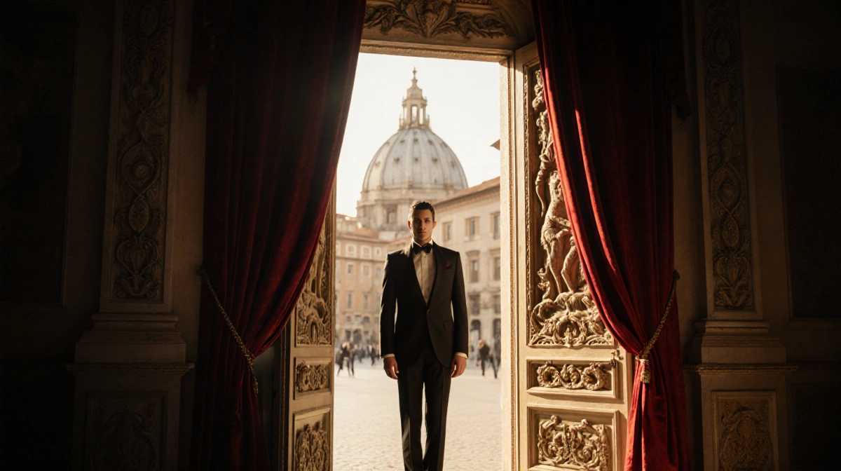 Valentino Garavani stands before ornate Italian door with red velvet curtain and golden light streaming through