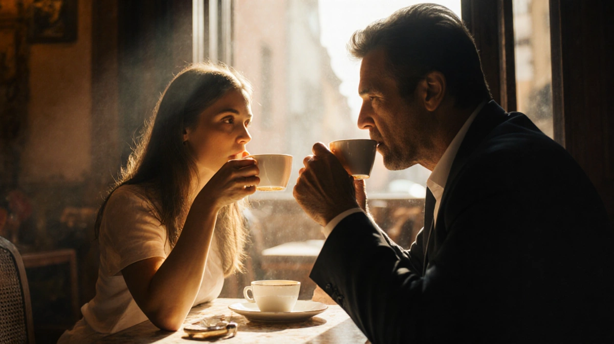 Valeria Nicov and Sean Penn share espresso at Italian café with warm golden lighting and blurred romantic background