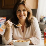 Valerie Bertinelli sits at kitchen counter with cereal bowl and spoon while smiling at camera with everyday items nearby