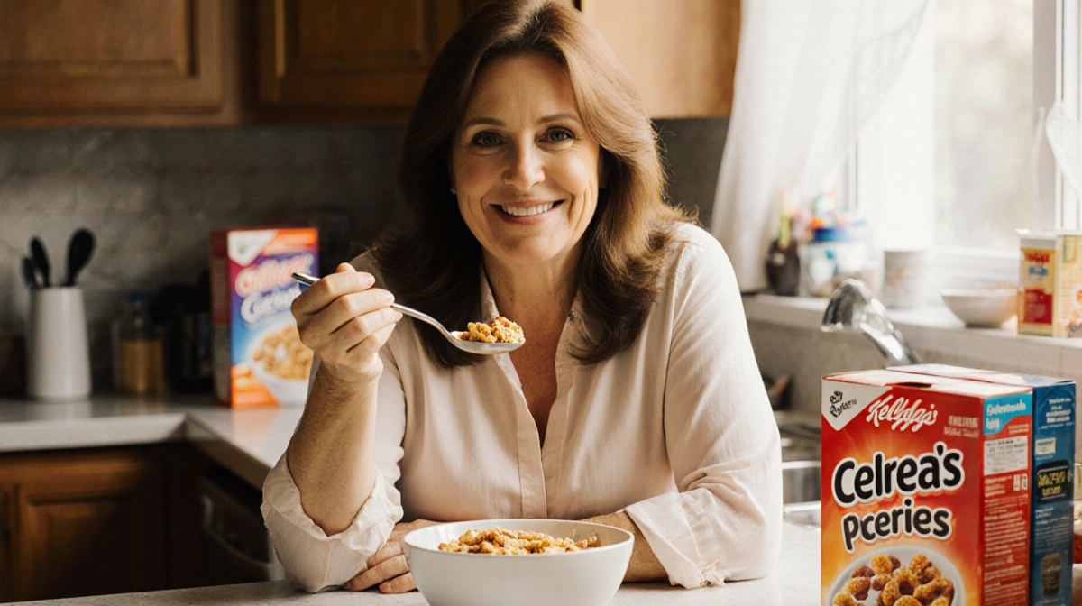 Valerie Bertinelli sits at kitchen counter with cereal bowl and spoon while smiling at camera with everyday items nearby
