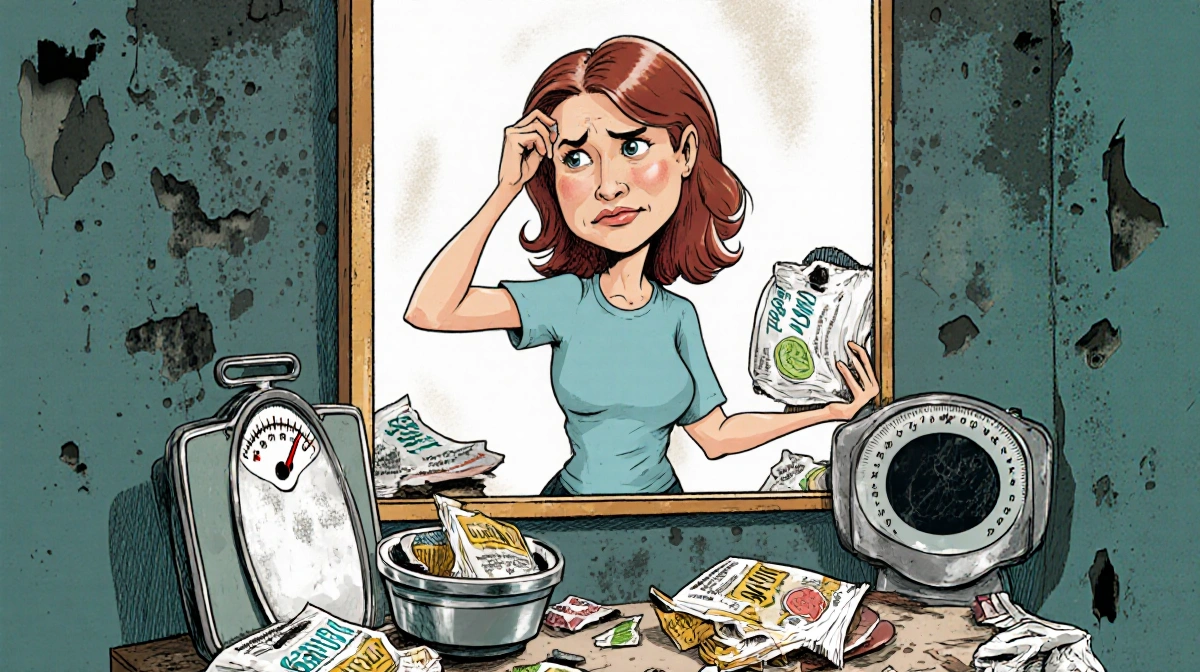 Valerie Bertinelli standing in front of a mirror with diet packets and scale weights and a bathroom reflecting mental health.