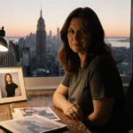 Valerie Bertinelli sits at a worn wooden desk with diet books, lamp glow on her face, and a sunset city silhouette behind.
