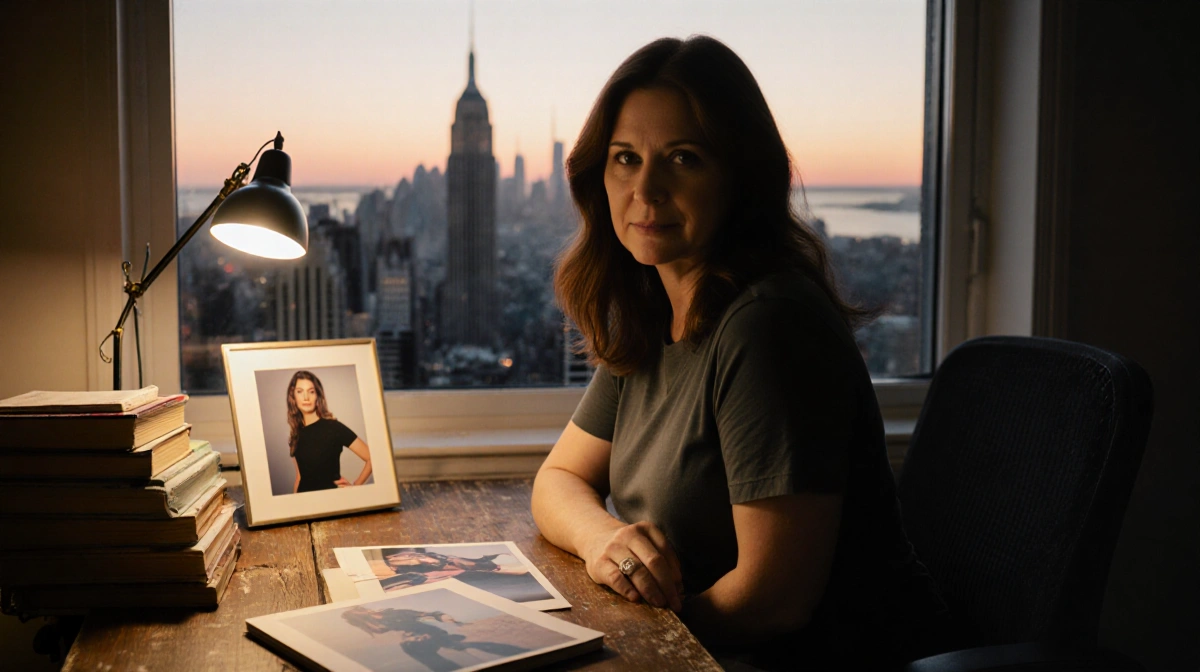 Valerie Bertinelli sits at a worn wooden desk with diet books, lamp glow on her face, and a sunset city silhouette behind.