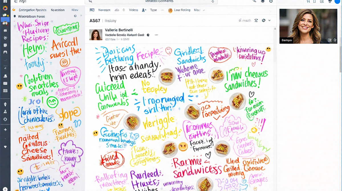 Computer screen shows messy comments section with colorful easy meal recipes and emojis and blurred Valerie Bertinelli video 