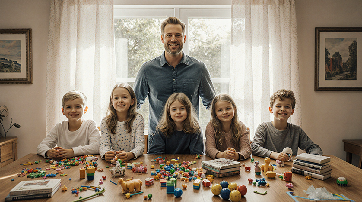 James Van Der Beek standing with six children at a wooden table with natural light and toys