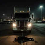 Semi-truck parked in dark Van Nuys parking lot with headlights illuminating motionless figure on asphalt