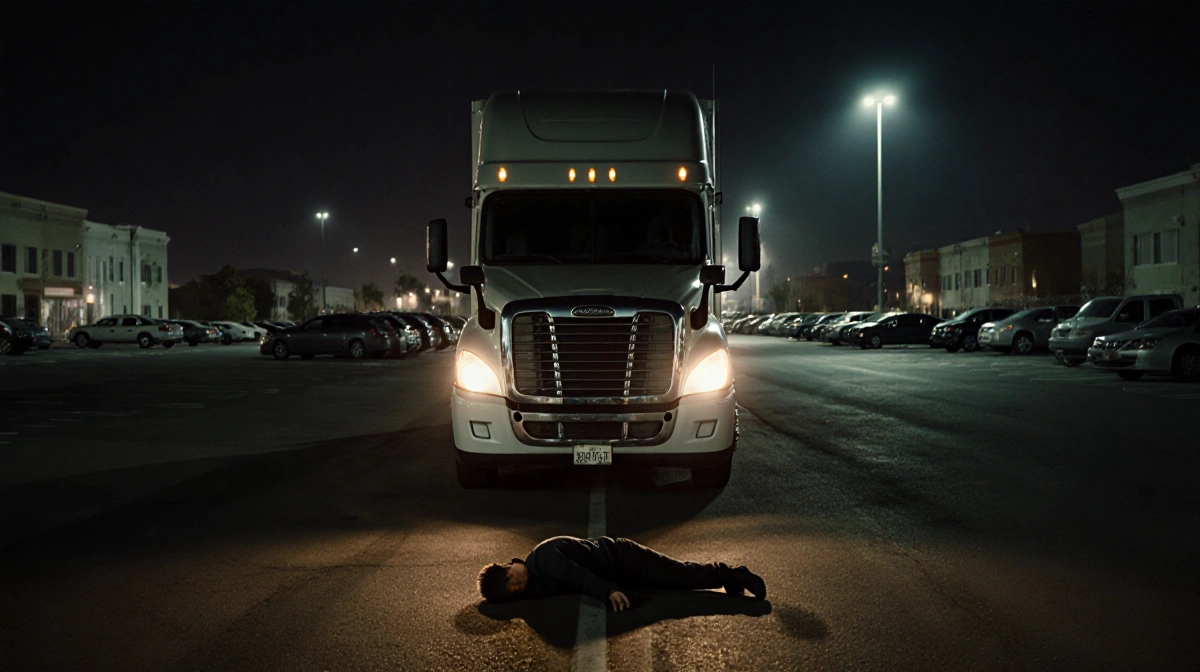 Semi-truck parked in dark Van Nuys parking lot with headlights illuminating motionless figure on asphalt