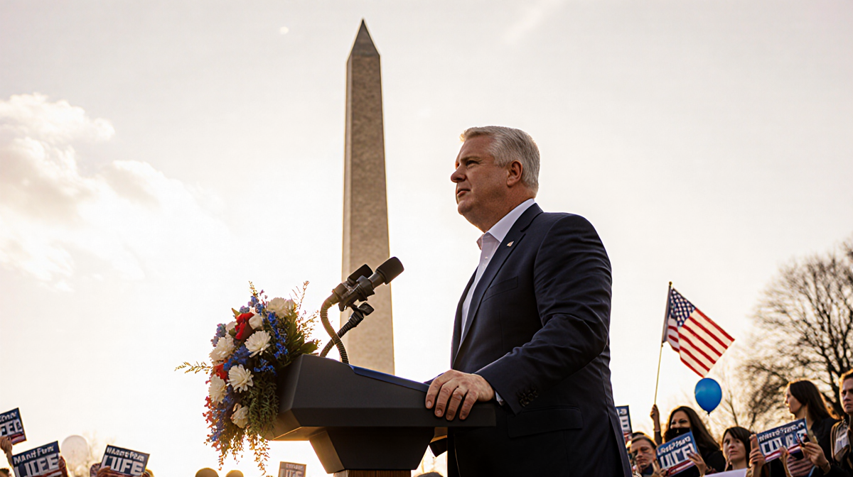 Vice President JD Vance speaking at podium with flag in hand during March for Life rally and Washington Monument behind
