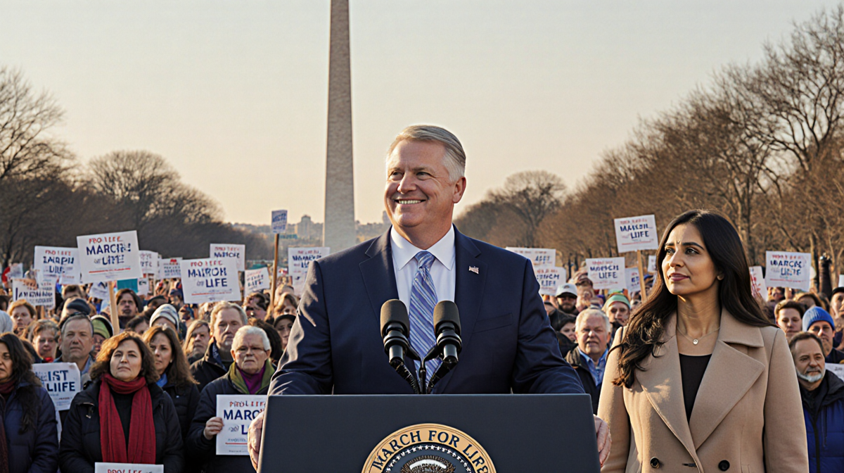 Vice President JD Vance speaking at March for Life rally with Washington Monument and crowd of pro‑life protesters