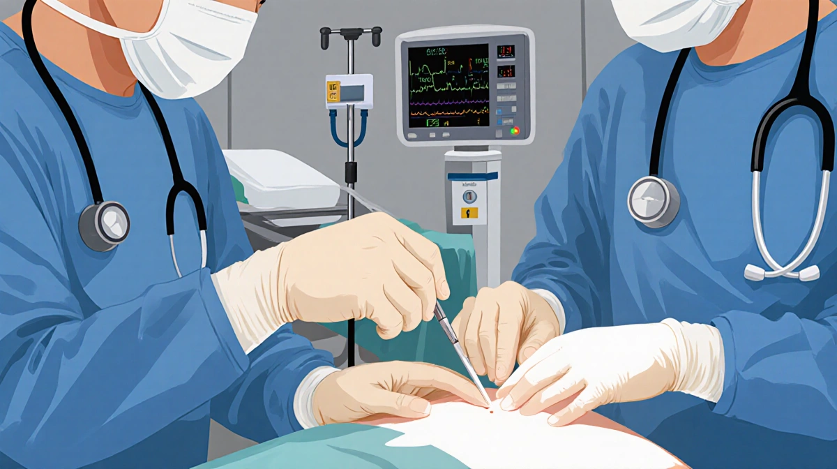 Surgeon repairing diaphragm with steady hands and stethoscope while monitors and IV stand nearby
