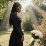 Vanessa Bryant crying with tears falling on cheeks in lush greenery and flowers with white roses at feet.