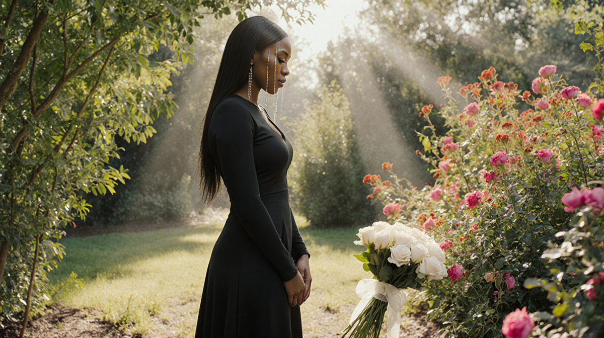 Vanessa Bryant crying with tears falling on cheeks in lush greenery and flowers with white roses at feet.