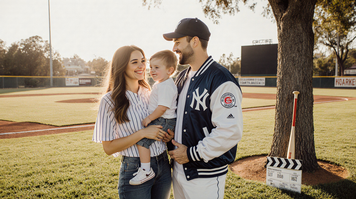 Vanessa Hudgens holding children with Tucker standing beside them wearing cap in a sunny backyard with ballfield Hollywood