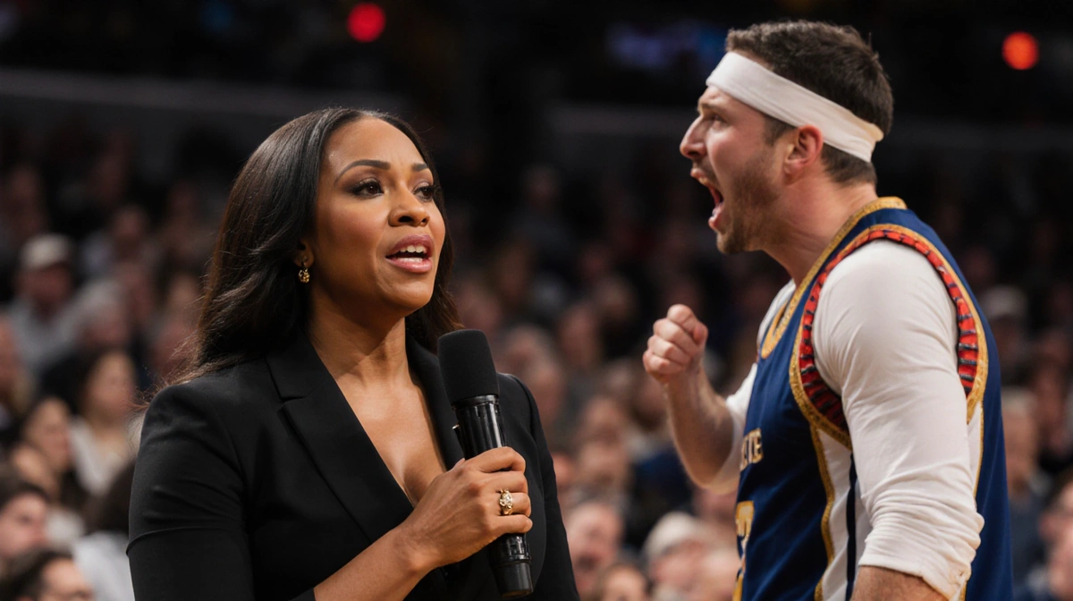 Vanessa Williams singing national anthem with heckler standing and shouting while shocked audience watches