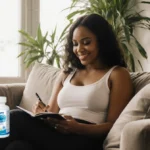 Vanessa Williams relaxes on couch with notebook while plants and family photos create peaceful setting