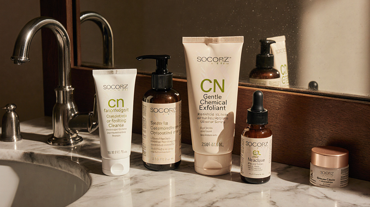 Vanity table arranging dermatologist approved face scrubs and gentle cleanser with warm soft lighting and wood countertop