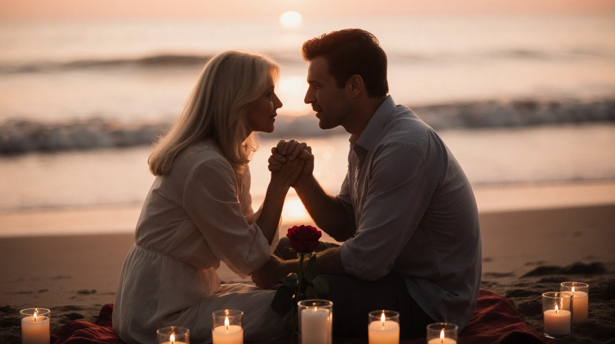 Vanna White and John Donaldson holding hands and talking on beach at sunset with candles and rose between them