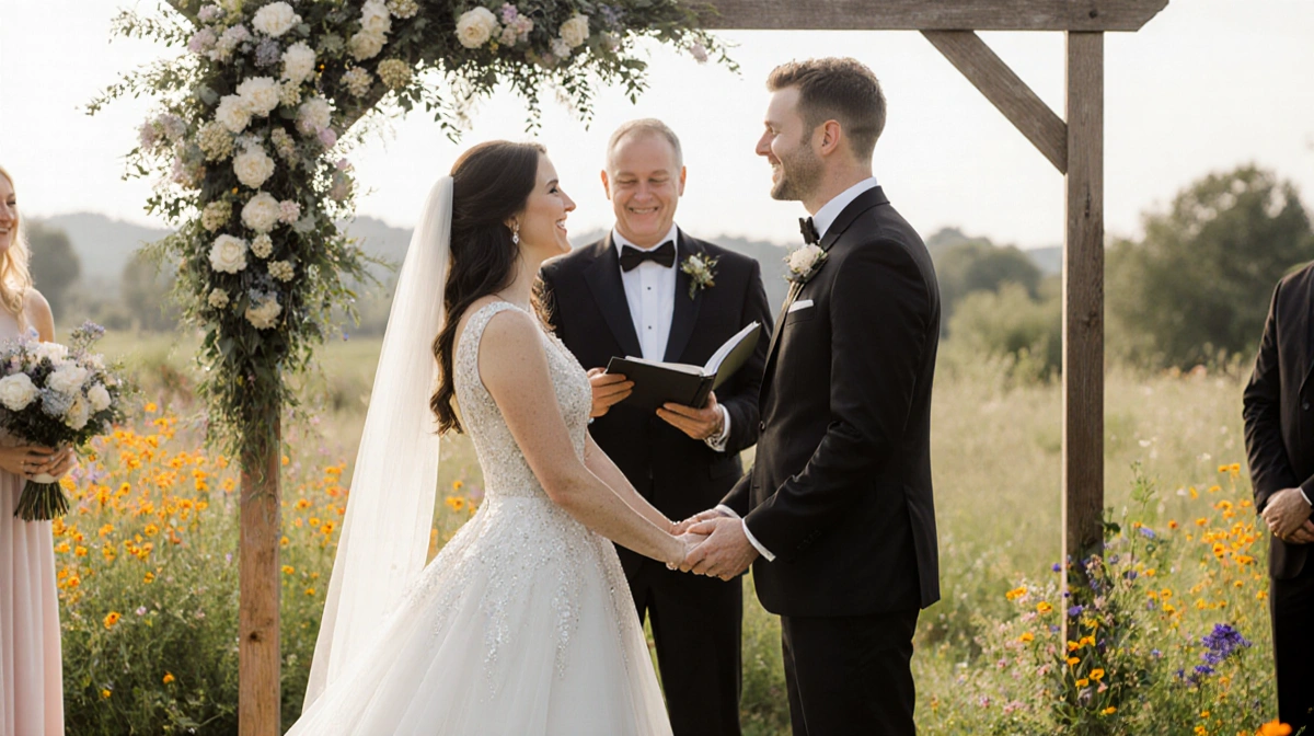 Vanna White and John Donaldson kissing at outdoor wedding ceremony with wildflowers and wooden arch