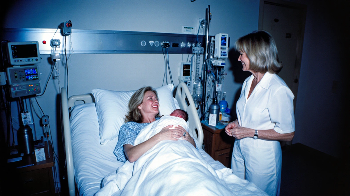 Vanna White stands beside Kathy Hilton's hospital bed with newborn Conrad swaddled in blanket and medical monitors glowing so