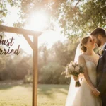 Vanna White and John Donaldson exchanging vows beneath a wooden arch with Just Married sign and soft golden light filtering t