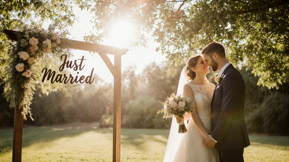 Vanna White and John Donaldson exchanging vows beneath a wooden arch with Just Married sign and soft golden light filtering t