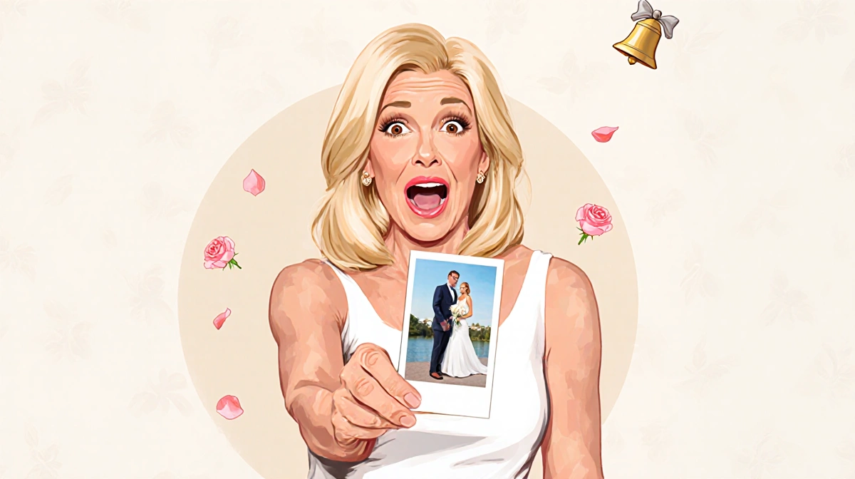 Vanna White holding wedding photo with surprised smile and rose petals near neutral background