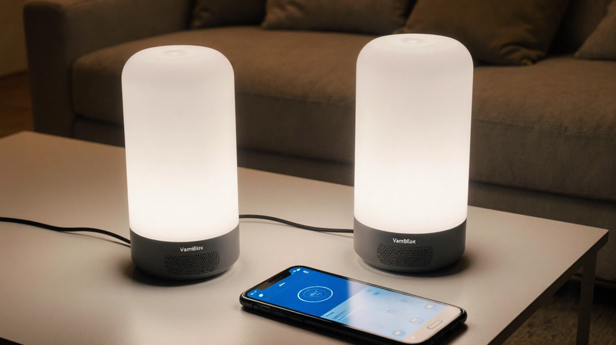 Two modern Varmblixt table lamps glow softly with Bluetooth radios while a smartphone shows the Ikea app interface nearby