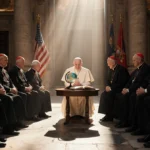 U.S. Catholic cardinals sit in circle with bowed heads and clasped hands around Pope Francis with golden light streaming acro