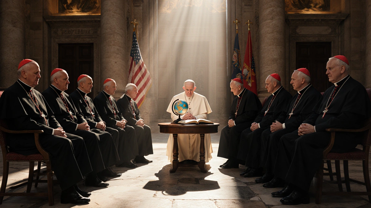 U.S. Catholic cardinals sit in circle with bowed heads and clasped hands around Pope Francis with golden light streaming acro
