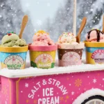 Colorful vegan ice cream cart serves unique flavors with snowflakes falling and wooden spoon visible